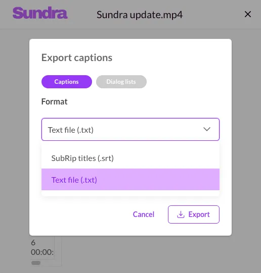 Exporting a transcript as a TXT file from the Sundra export menu