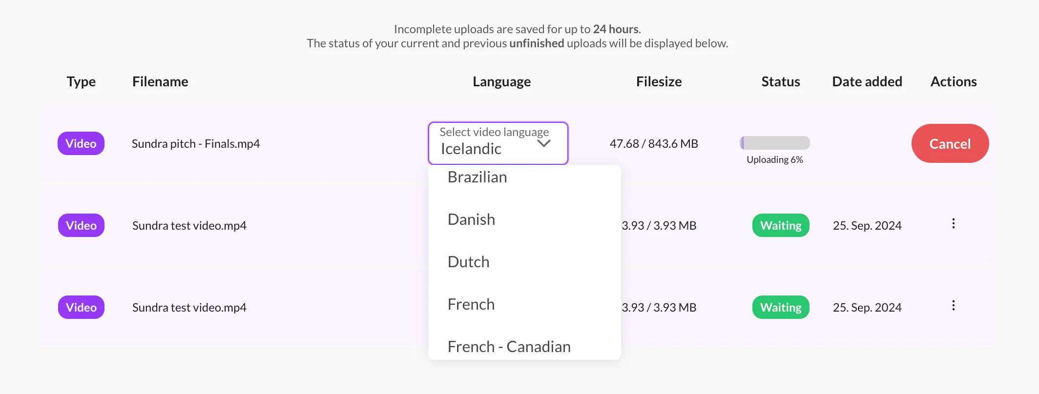 Uploading a video and selecting the source language on the Sundra dashboard