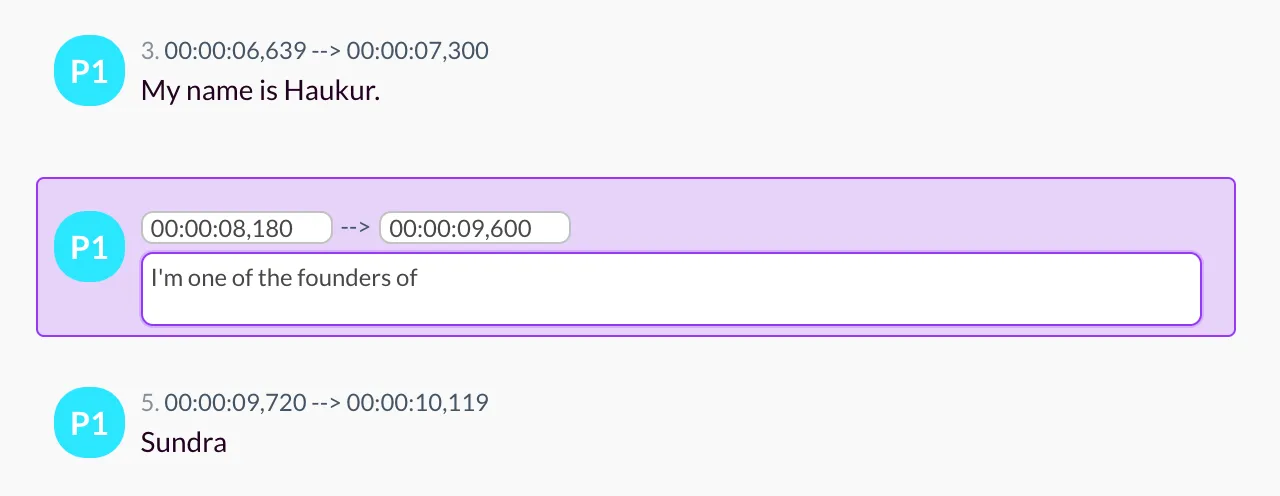 Editing caption text and timecodes inline in Sundra