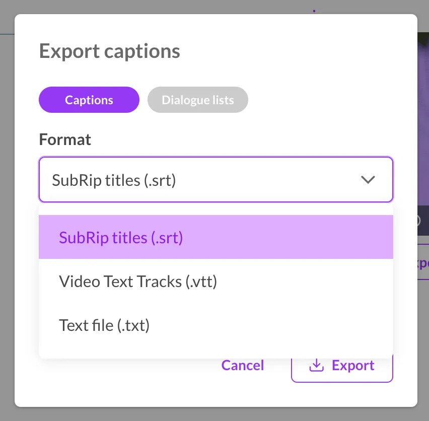 Exporting captions as SRT, VTT, or TXT from Sundra