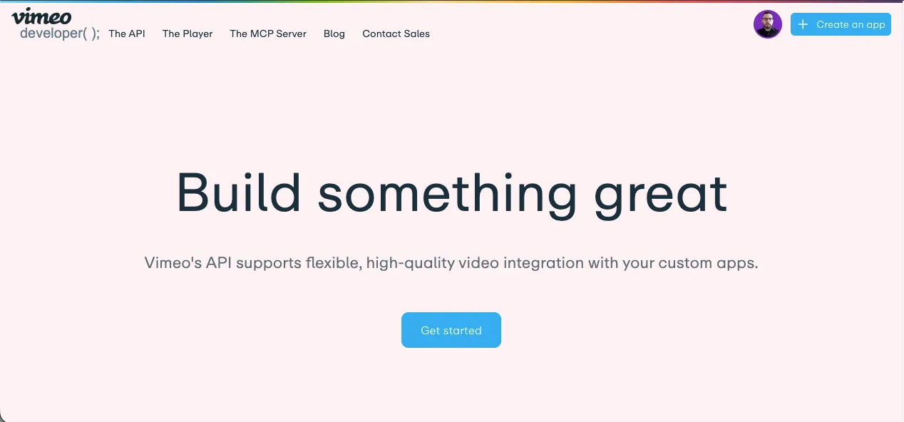 The Vimeo Developer Portal homepage after logging in