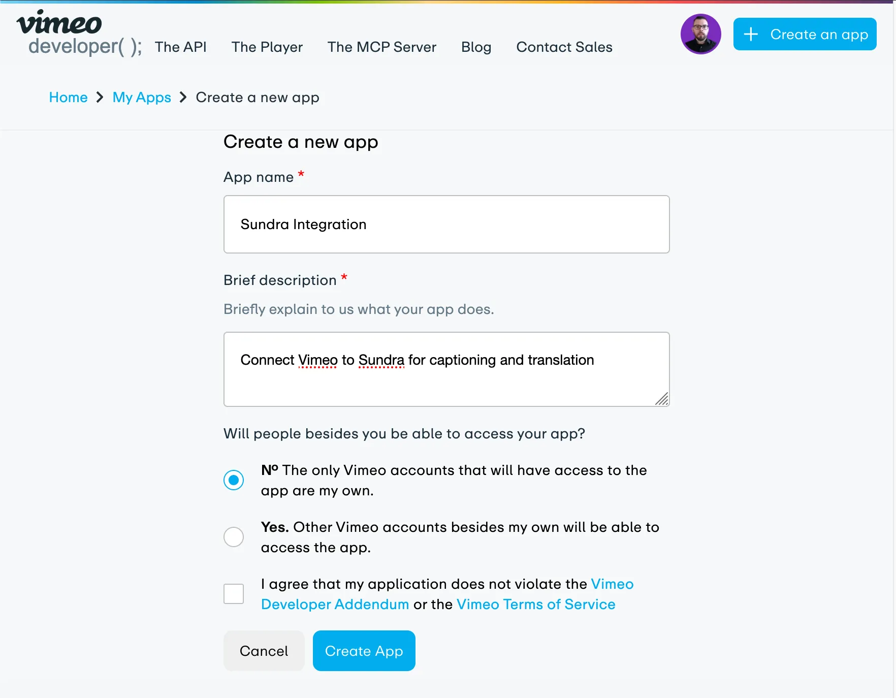 The Create App form on the Vimeo Developer Portal with fields filled in