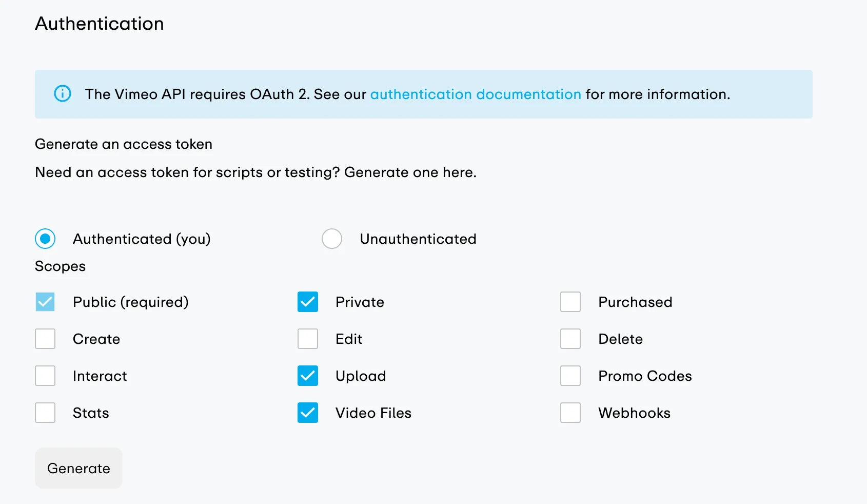 The Personal Access Token section showing the scope checkboxes for Private, Video Files, and Upload