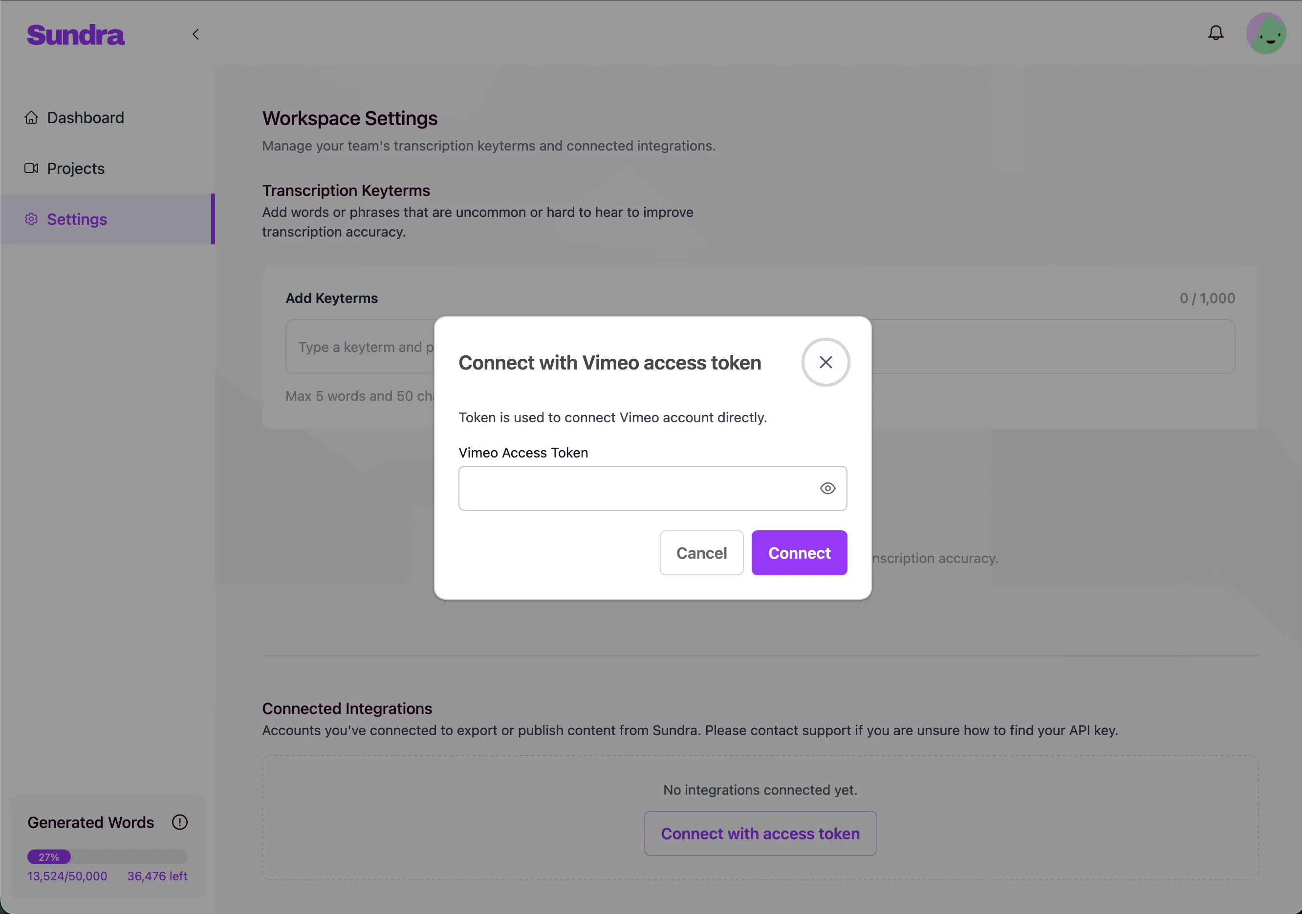 The Sundra Settings page with the Connect Vimeo section and token input field