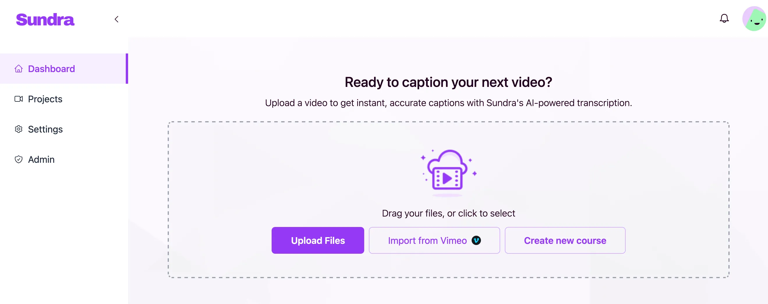 The Sundra Dashboard showing the Import from Vimeo option