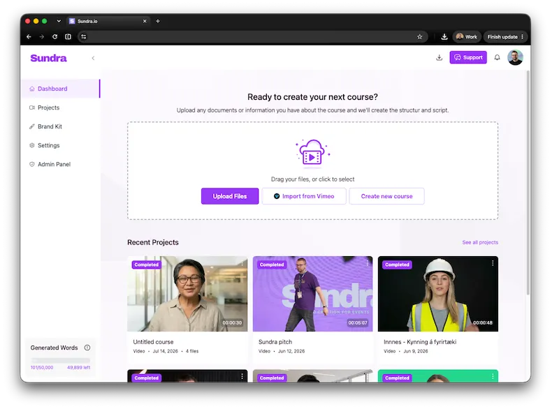 Sundra's course creator dashboard: upload materials or import from Vimeo, with recent course projects