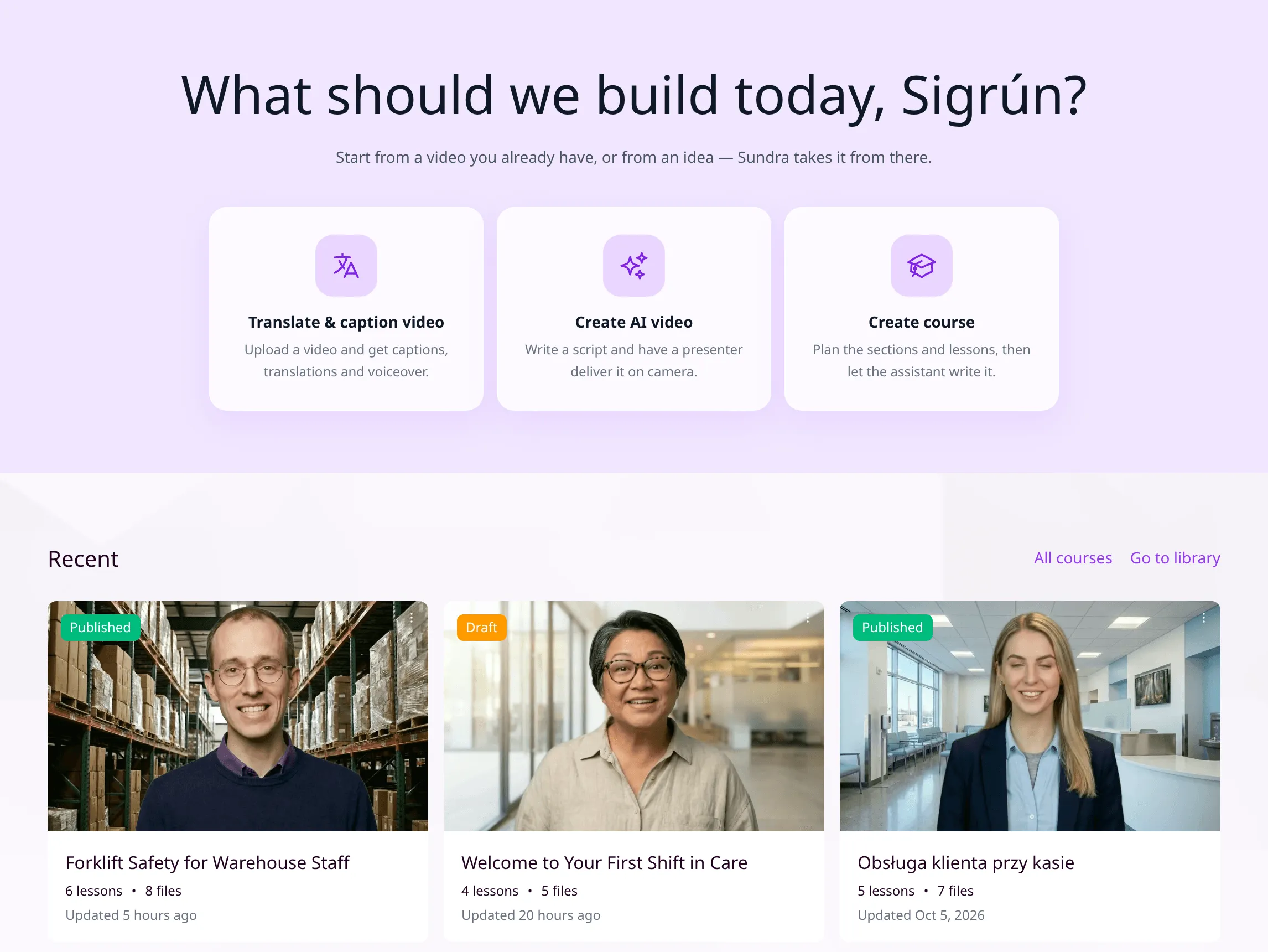 Sundra's course creator dashboard: upload materials or import from Vimeo, with recent course projects