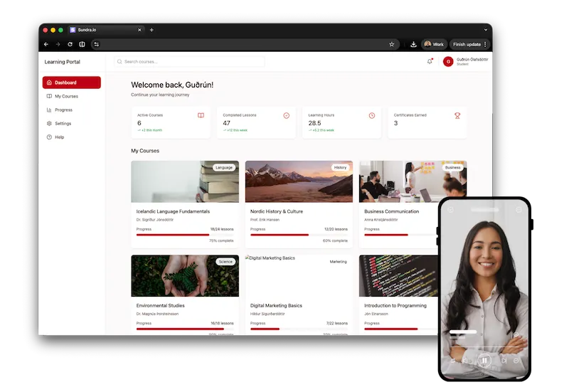Sundra's learning portal with course progress, completion analytics, and a mobile training hub