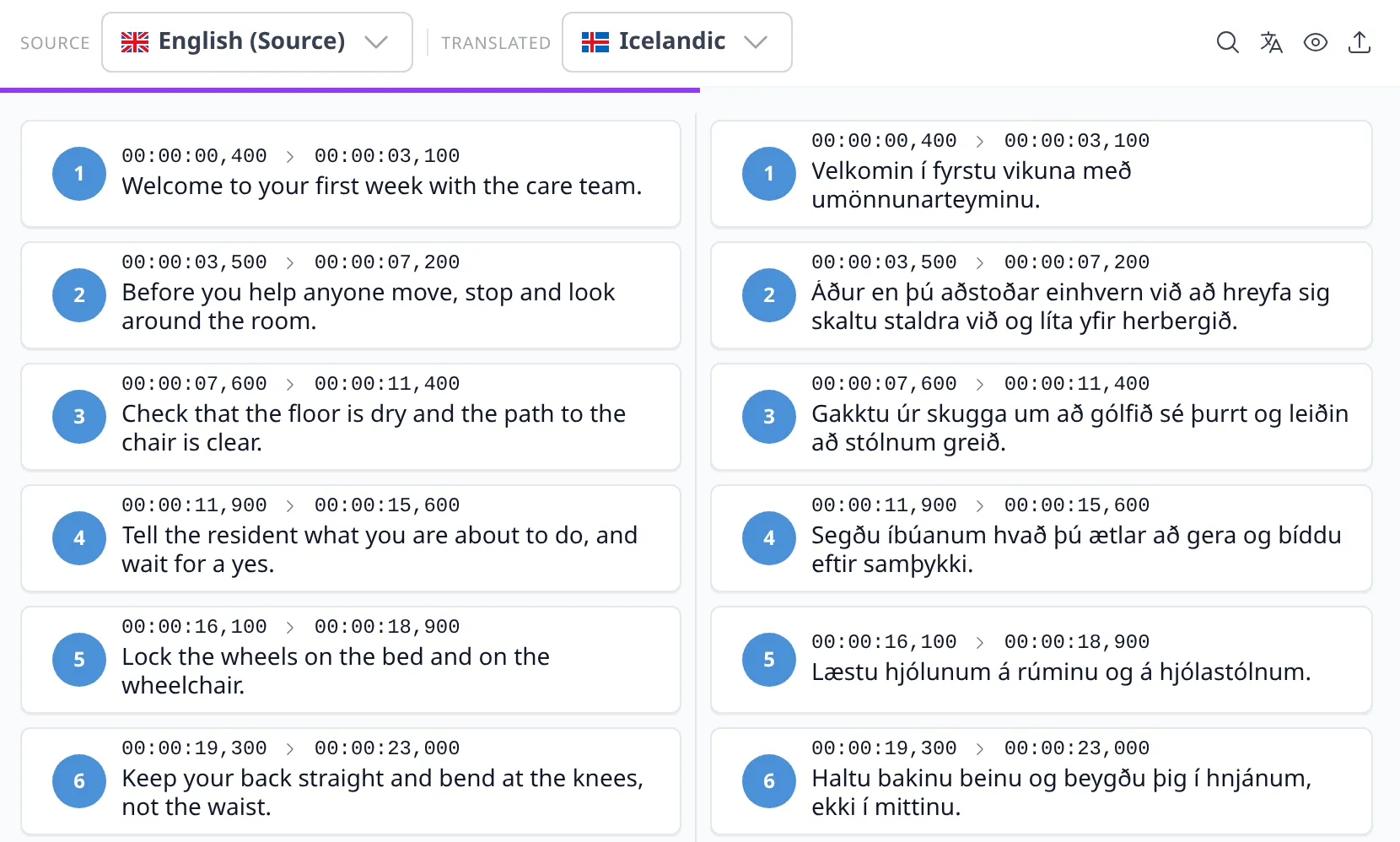 Sundra's editor showing an English course captioned and translated into Icelandic, with voiceover and caption settings