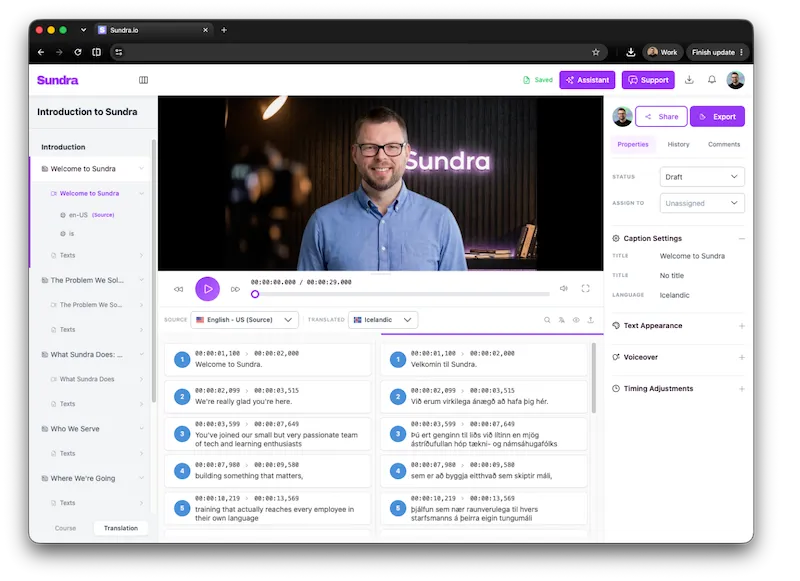 Sundra's editor showing an English course captioned and translated into Icelandic, with voiceover and caption settings